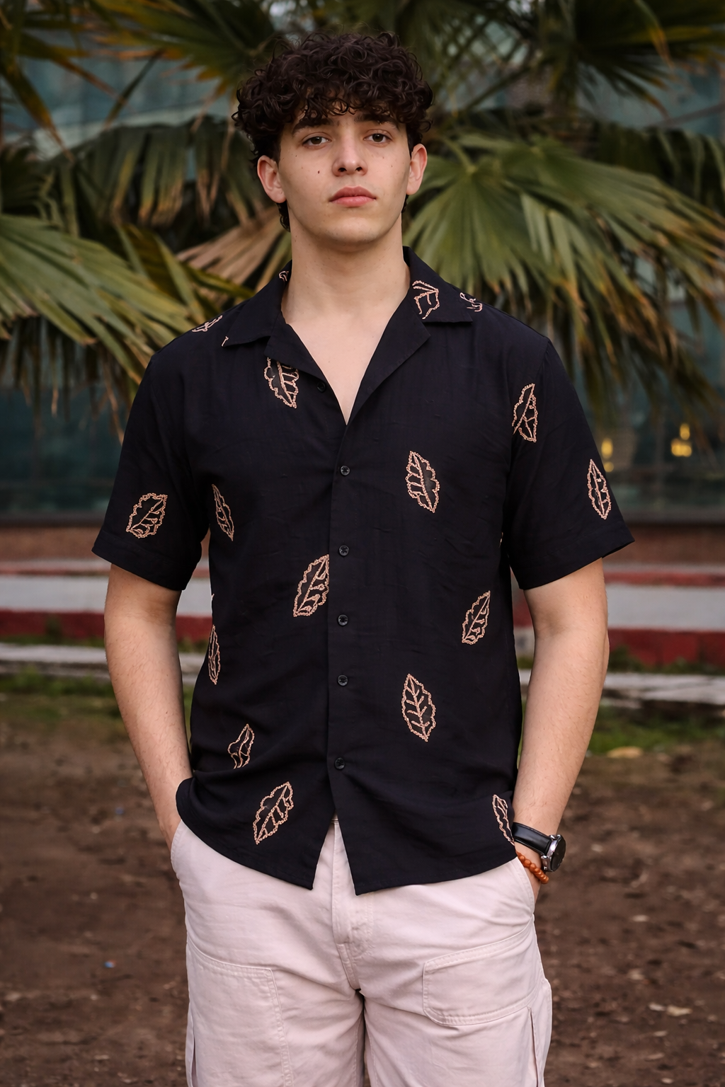 Men’s Black Textured Cuban Collar Shirt – Short Sleeve Button-Down with Embroidered Leaf Print, Breathable Summer Vacation & Casual Wear Shirt