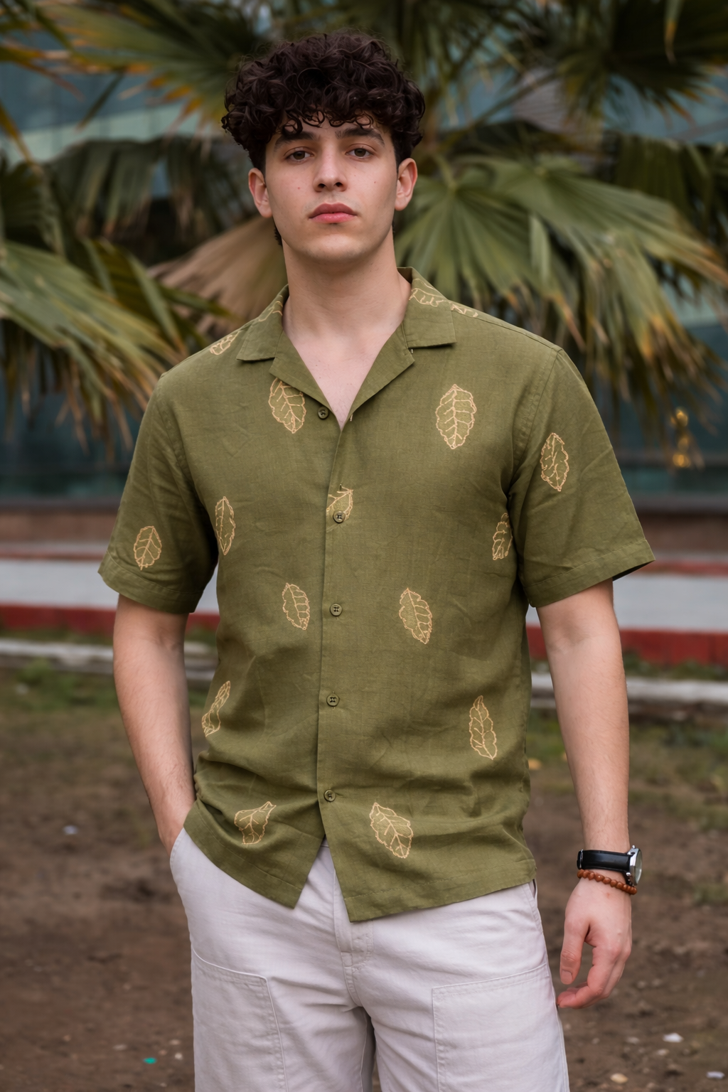 Men’s Olive Green Linen Blend Cuban Collar Shirt – Short Sleeve Button-Down with Gold Leaf Embroidery, Breathable Summer Resort, Beach & Casual Wear