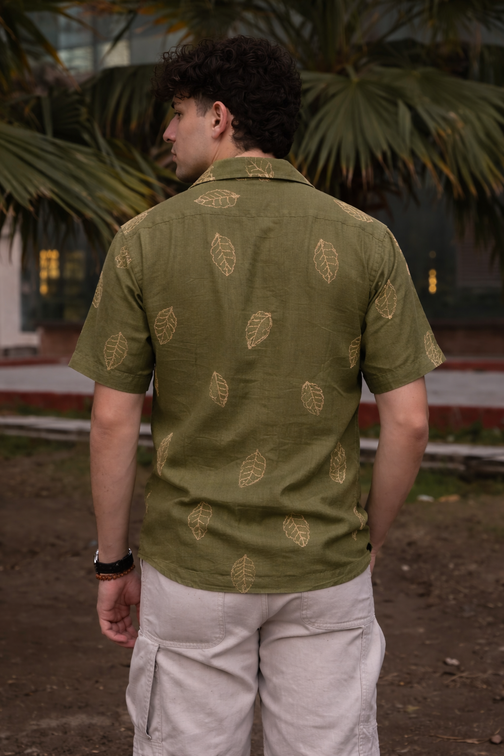 Men’s Olive Green Linen Blend Cuban Collar Shirt – Short Sleeve Button-Down with Gold Leaf Embroidery, Breathable Summer Resort, Beach & Casual Wear