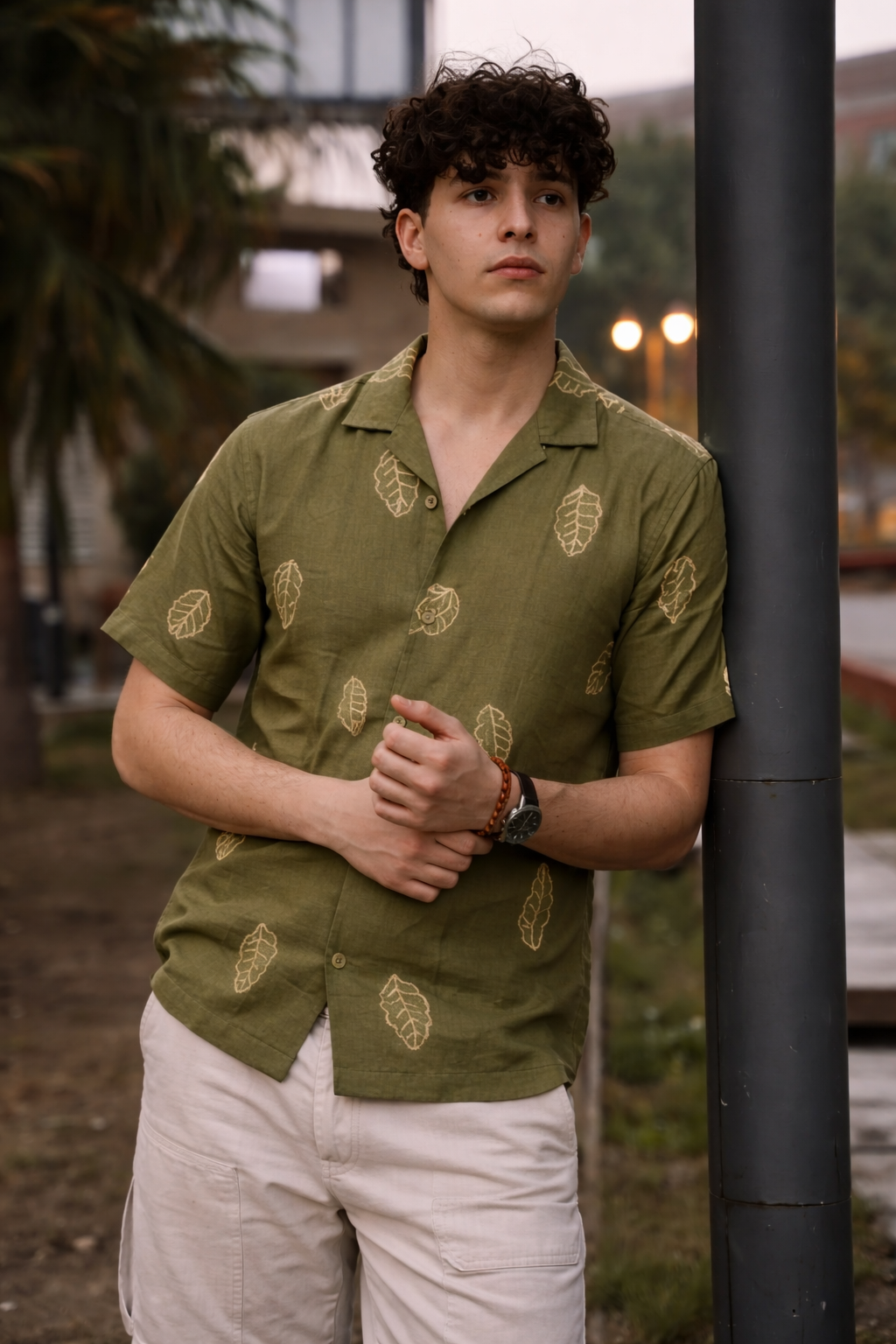 Men’s Olive Green Linen Blend Cuban Collar Shirt – Short Sleeve Button-Down with Gold Leaf Embroidery, Breathable Summer Resort, Beach & Casual Wear