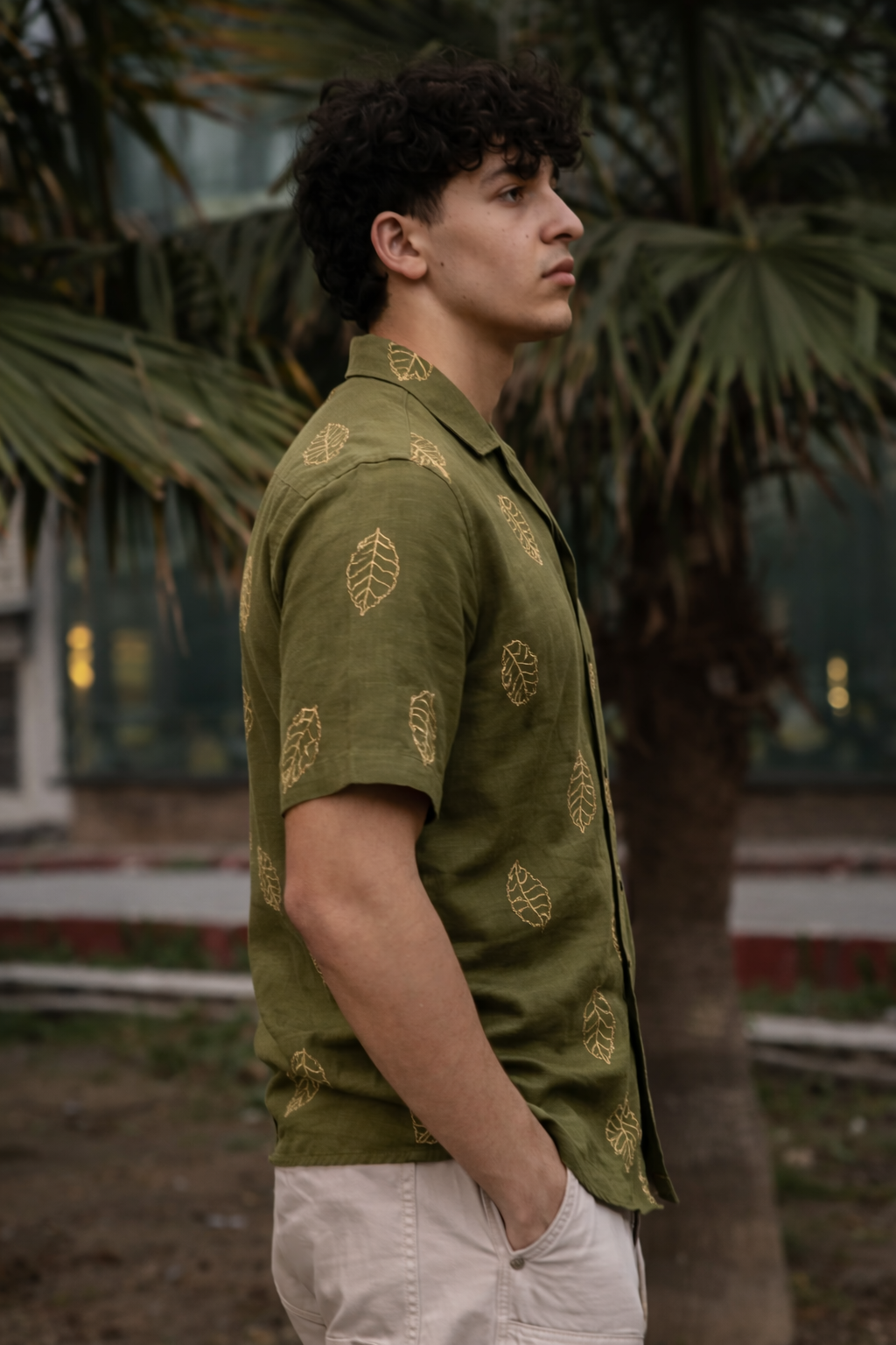 Men’s Olive Green Linen Blend Cuban Collar Shirt – Short Sleeve Button-Down with Gold Leaf Embroidery, Breathable Summer Resort, Beach & Casual Wear
