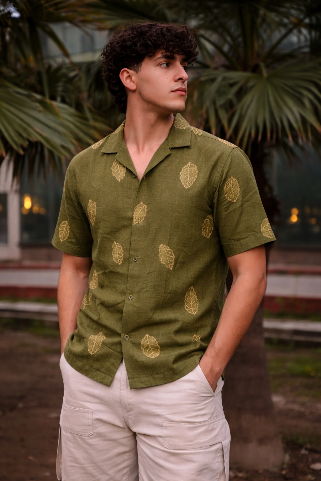 Men’s Olive Green Linen Blend Cuban Collar Shirt – Short Sleeve Button-Down with Gold Leaf Embroidery, Breathable Summer Resort, Beach & Casual Wear