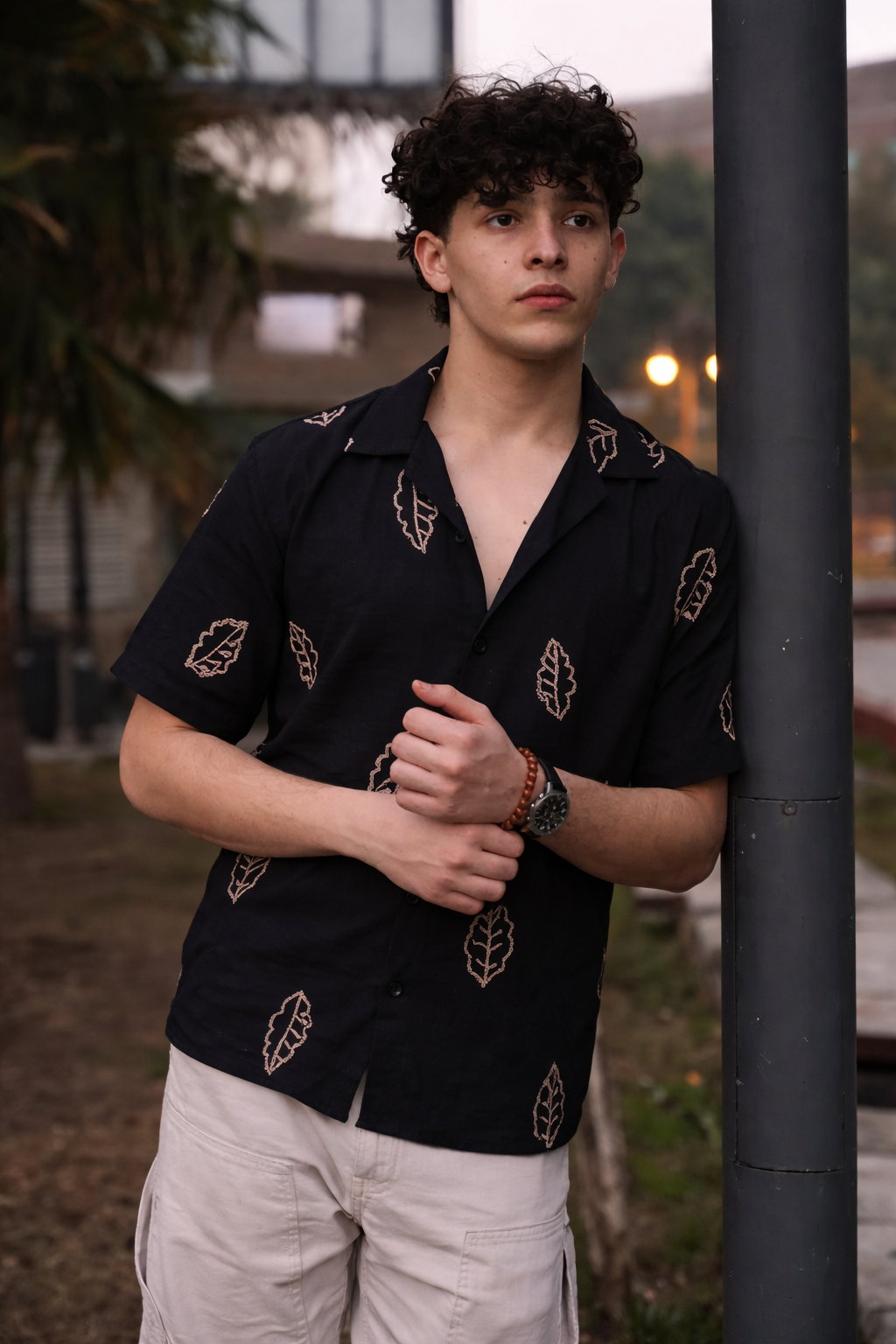 Men’s Black Textured Cuban Collar Shirt – Short Sleeve Button-Down with Embroidered Leaf Print, Breathable Summer Vacation & Casual Wear Shirt