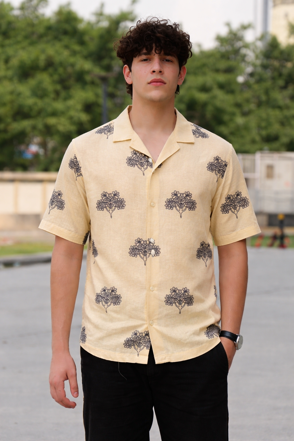 Men’s Cream Linen Blend Cuban Collar Shirt – Short Sleeve Button-Down with Charcoal Floral Embroidery, Breathable Summer Beach, Resort & Casual Wear