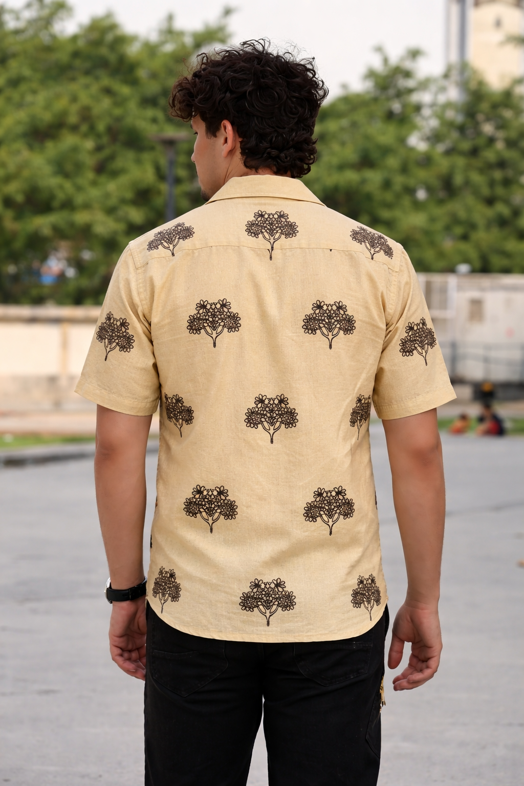 Men’s Cream Linen Blend Cuban Collar Shirt – Short Sleeve Button-Down with Charcoal Floral Embroidery, Breathable Summer Beach, Resort & Casual Wear