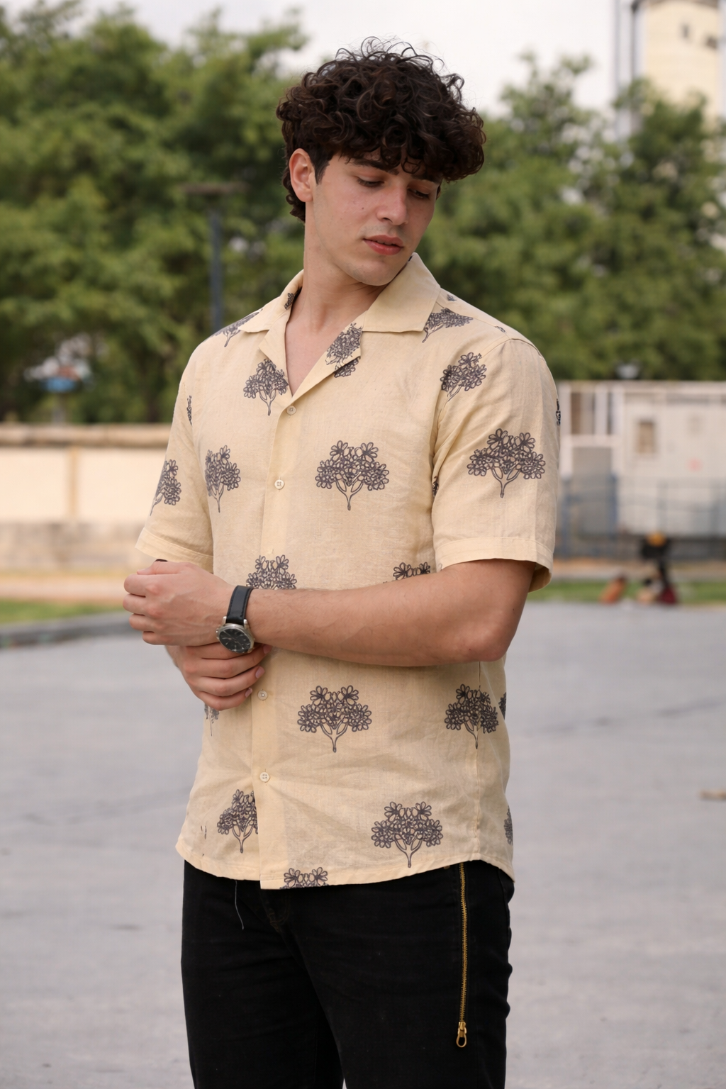 Men’s Cream Linen Blend Cuban Collar Shirt – Short Sleeve Button-Down with Charcoal Floral Embroidery, Breathable Summer Beach, Resort & Casual Wear