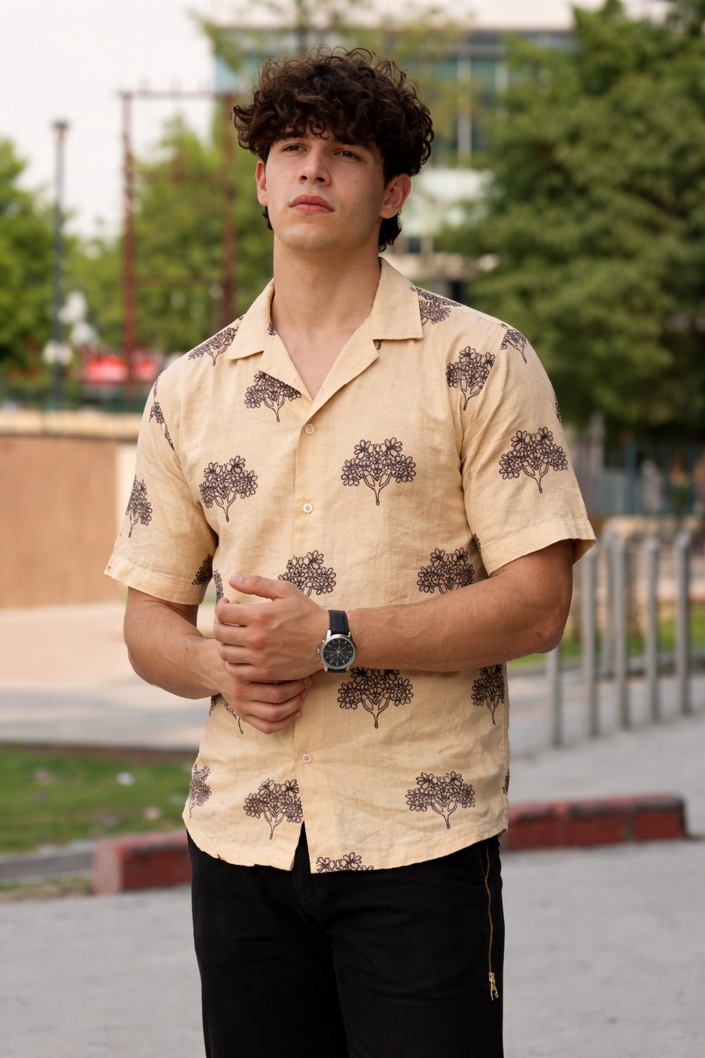 Men’s Cream Linen Blend Cuban Collar Shirt – Short Sleeve Button-Down with Charcoal Floral Embroidery, Breathable Summer Beach, Resort & Casual Wear