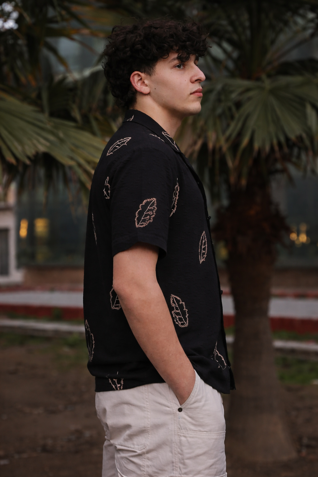 Men’s Black Textured Cuban Collar Shirt – Short Sleeve Button-Down with Embroidered Leaf Print, Breathable Summer Vacation & Casual Wear Shirt