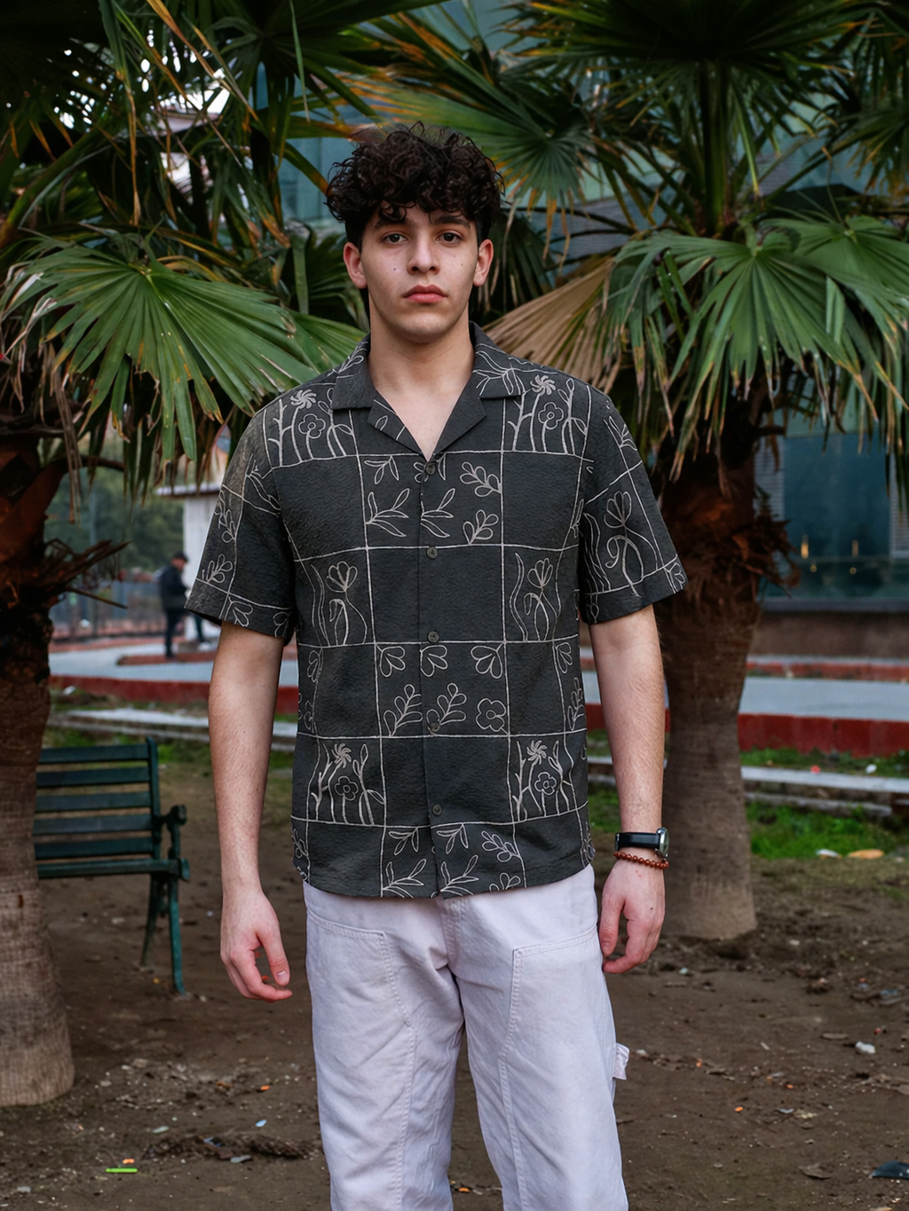 Men’s Charcoal Grey Textured Cuban Collar Shirt – Short Sleeve Button-Down with White Windowpane & Floral Sketch Print, Breathable Summer Seersucker Resort & Casual Wear