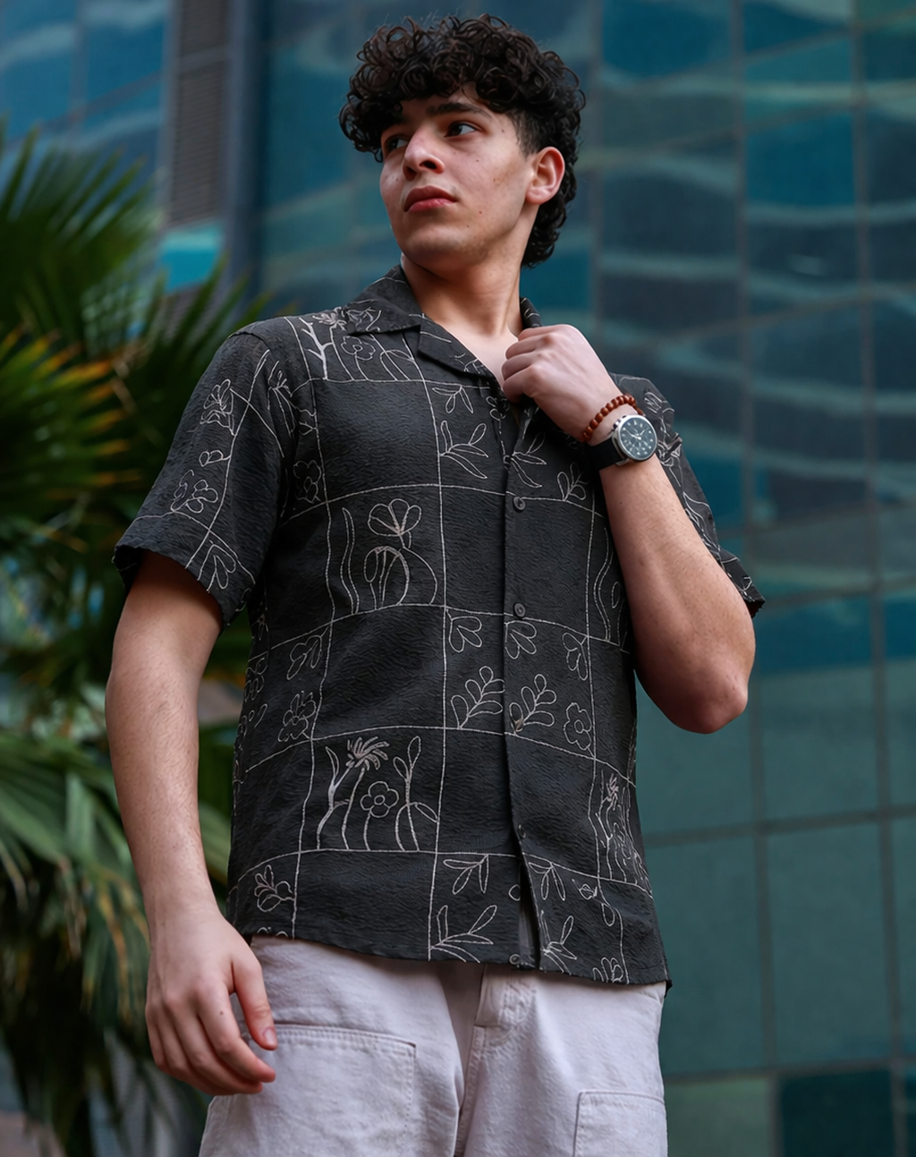 Men’s Charcoal Grey Textured Cuban Collar Shirt – Short Sleeve Button-Down with White Windowpane & Floral Sketch Print, Breathable Summer Seersucker Resort & Casual Wear