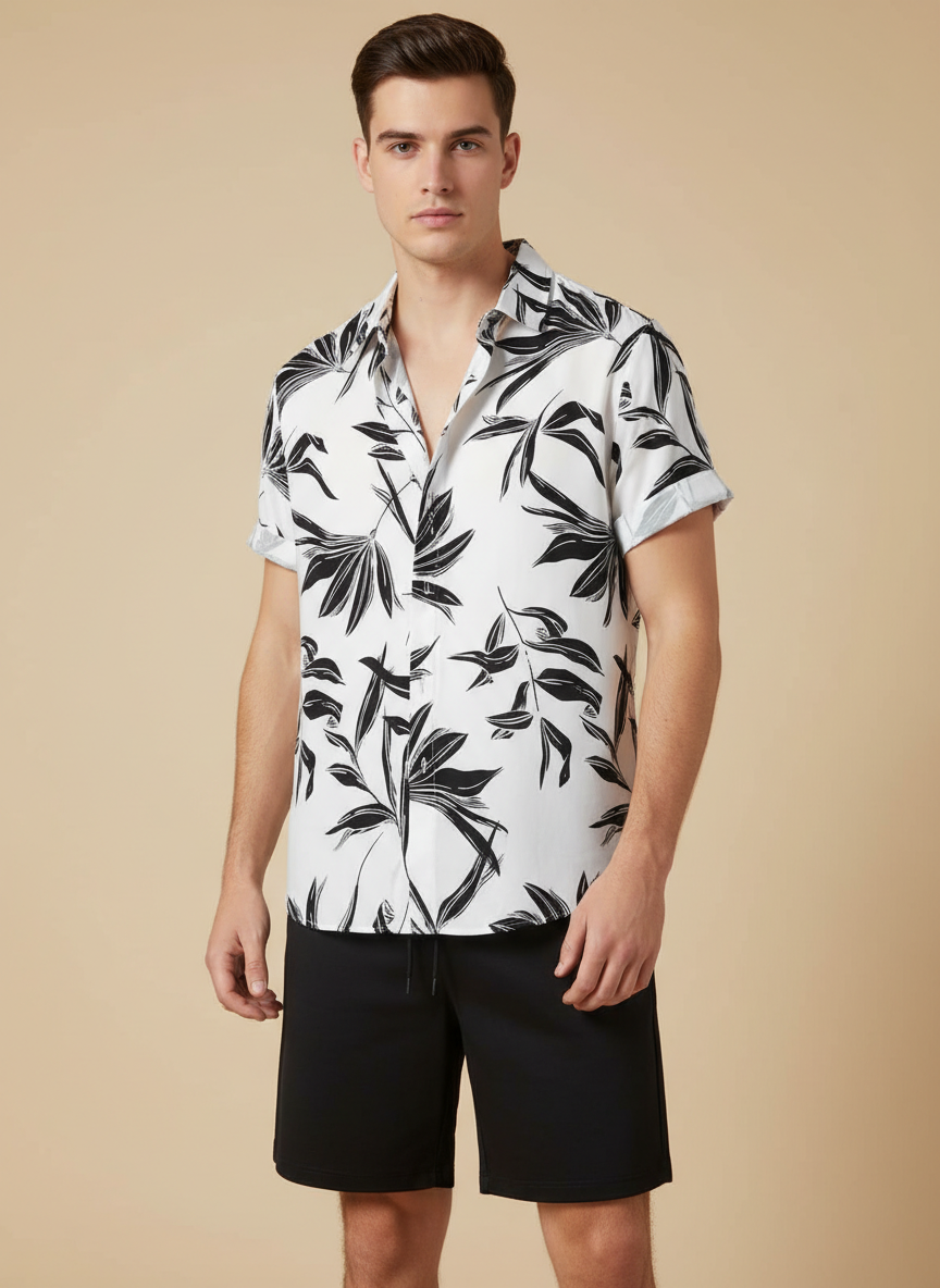 Men’s Botanical Ink-Leaf Monochrome Shirt & Shorts Set – 2-Piece Summer Co-Ord Vacation Outfit