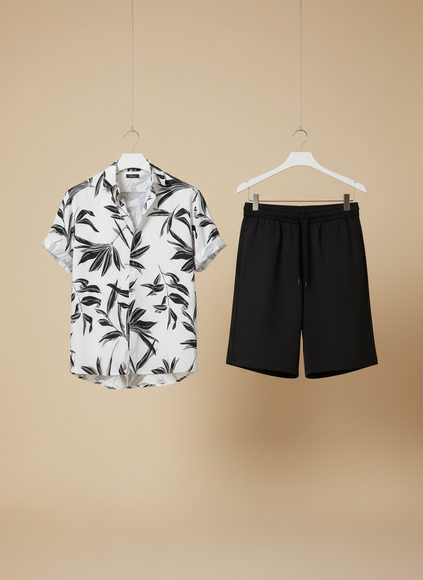 Men’s Botanical Ink-Leaf Monochrome Shirt & Shorts Set – 2-Piece Summer Co-Ord Vacation Outfit