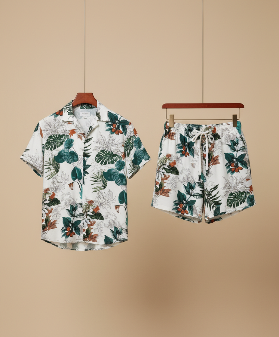 Men’s Lush Jungle Botanical Leaf Print Co-Ord Set – All-Over Tropical Pattern 2-Piece Summer Outfit