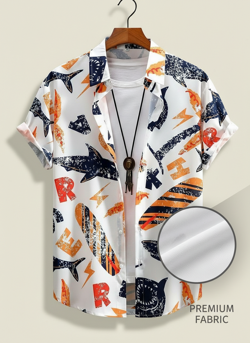 Colorful Short Sleeve Button-Up Shirt with Fun Beach Print – Sharks, Surfboards & Bold Letter Graphic Casual Shirt for Men
