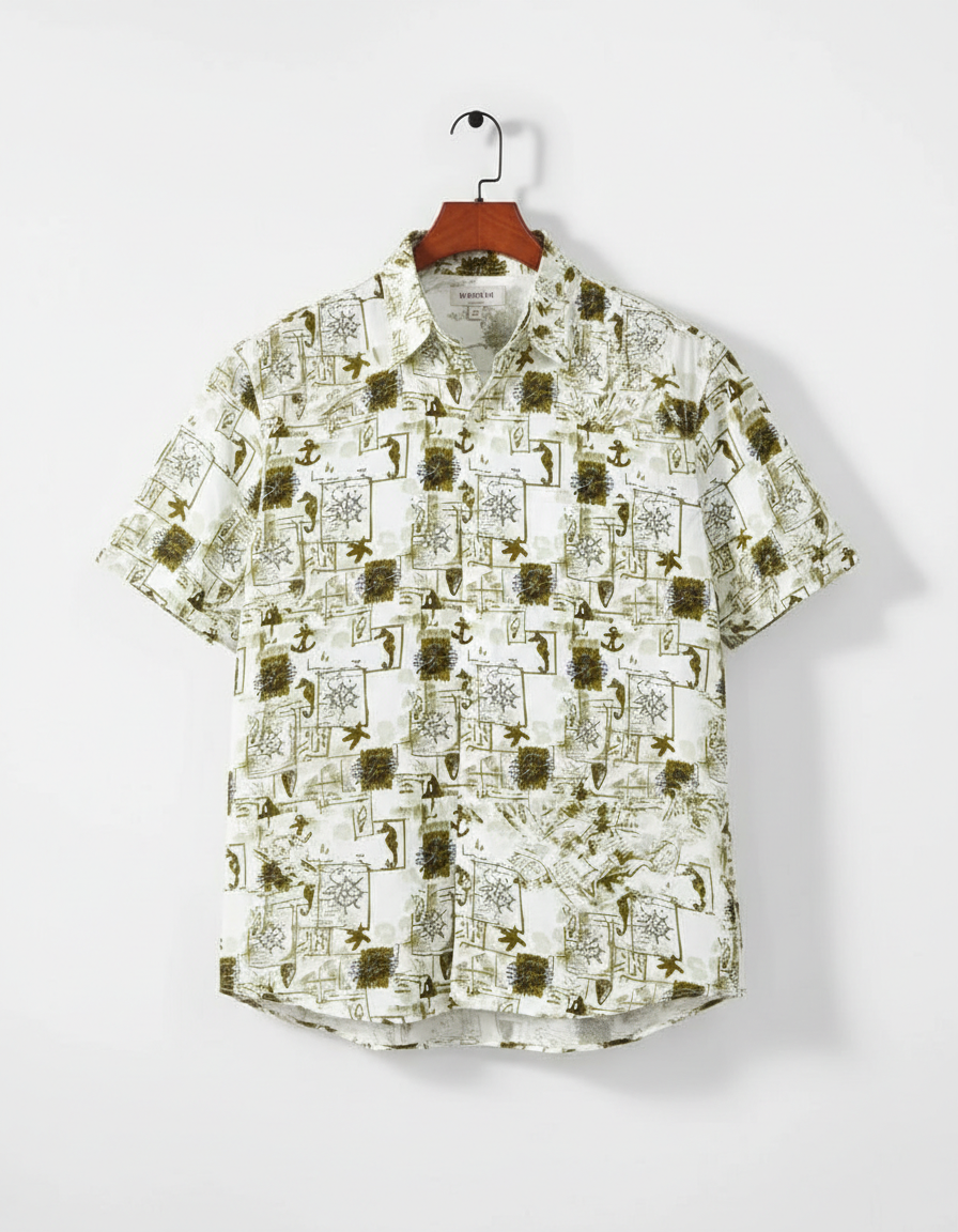 Men’s Off-White Nautical Sketch Print Short Sleeve Button-Down Shirt – Stylish Printed Casual Shirt