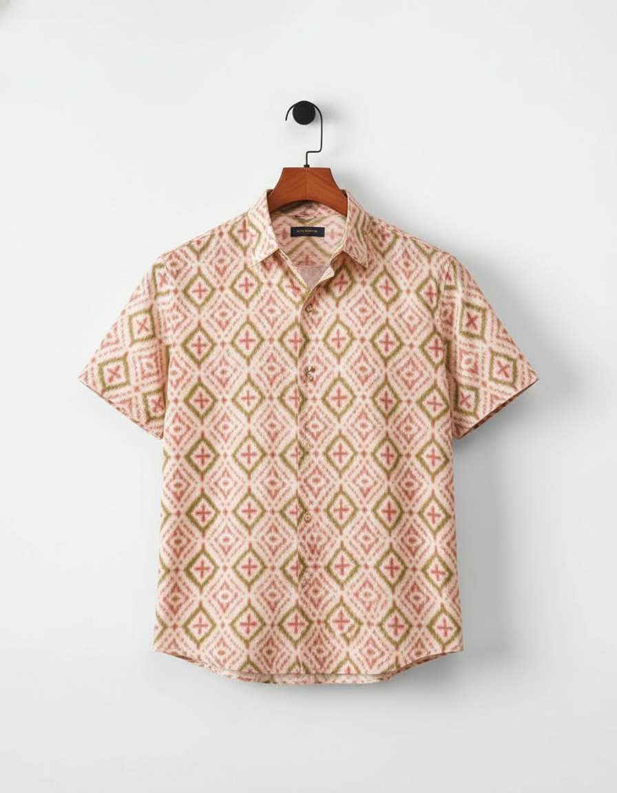 Men’s Korean Style Peach & Sage Green Abstract Diamond Ikat Print Short Sleeve Button-Down Shirt – Modern Casual Graphic Shirt