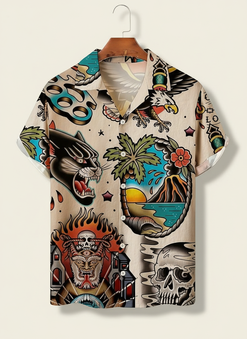Tattoo Skull Eagle Vintage Hawaiian Shirt – Retro Graphic Printed Casual Beach Shirt for Men
