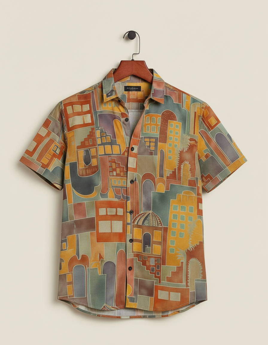 Men’s Korean Style Earth-Tone Architectural Abstract Print Short Sleeve Button-Down Shirt – Modern Casual Graphic Shirt