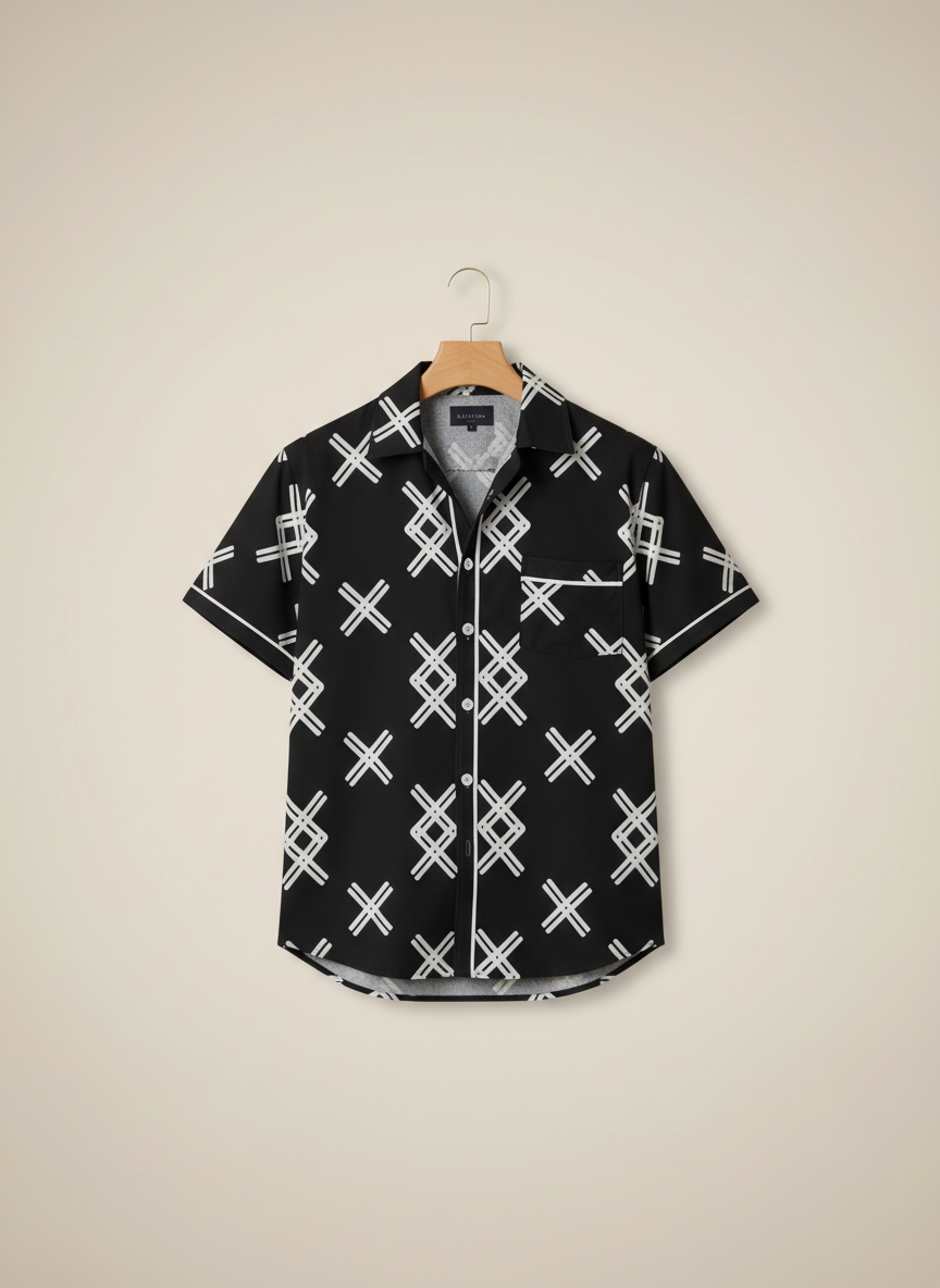 Men’s Geometric Cross-Hatch Pattern Black Resort Wear Set – 2-Piece Summer Shirt & Shorts Co-Ord Outfit