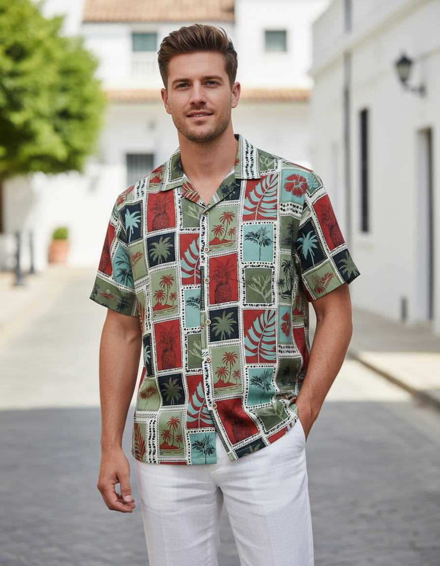 Men’s Premium Tropical Patchwork Short Sleeve Shirt with Pineapple & Palm Leaf Motif – Stylish Printed Casual Shirt