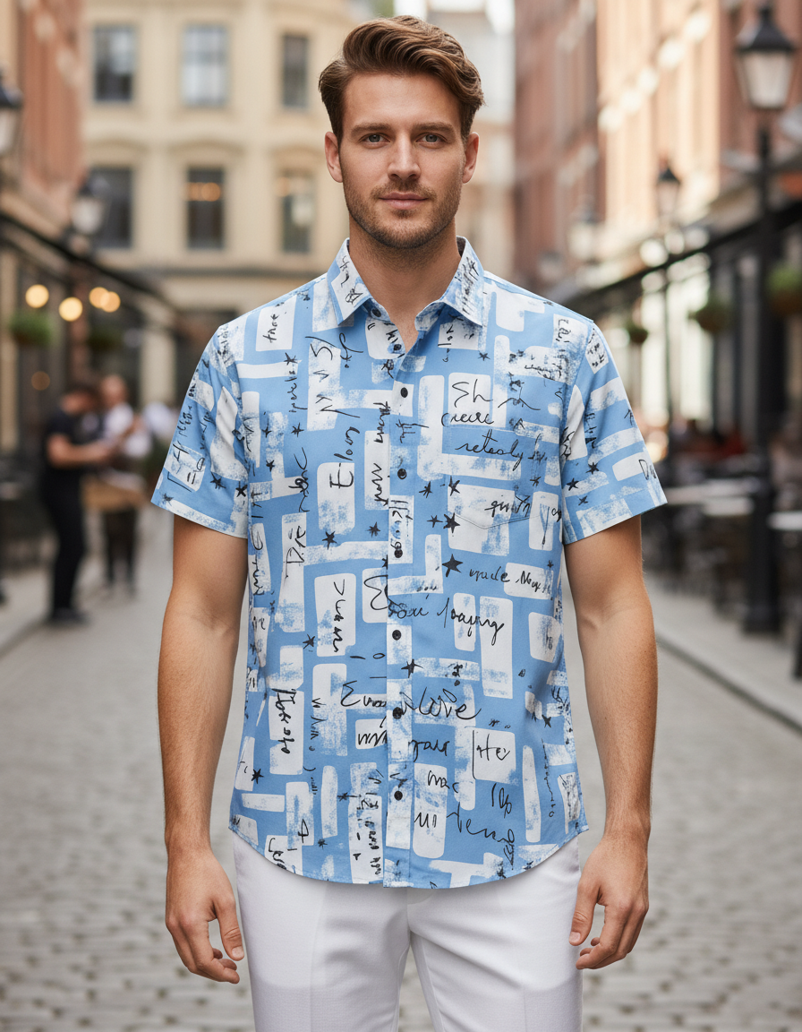 Men's White & Blue Printed Half Sleeve Shirt – Stylish Casual Summer Wear for Men