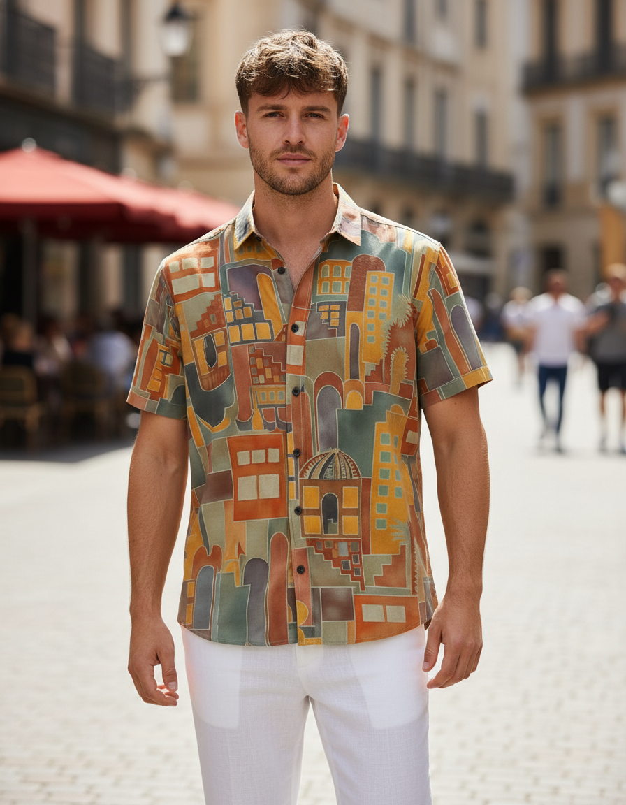 Men’s Korean Style Earth-Tone Architectural Abstract Print Short Sleeve Button-Down Shirt – Modern Casual Graphic Shirt