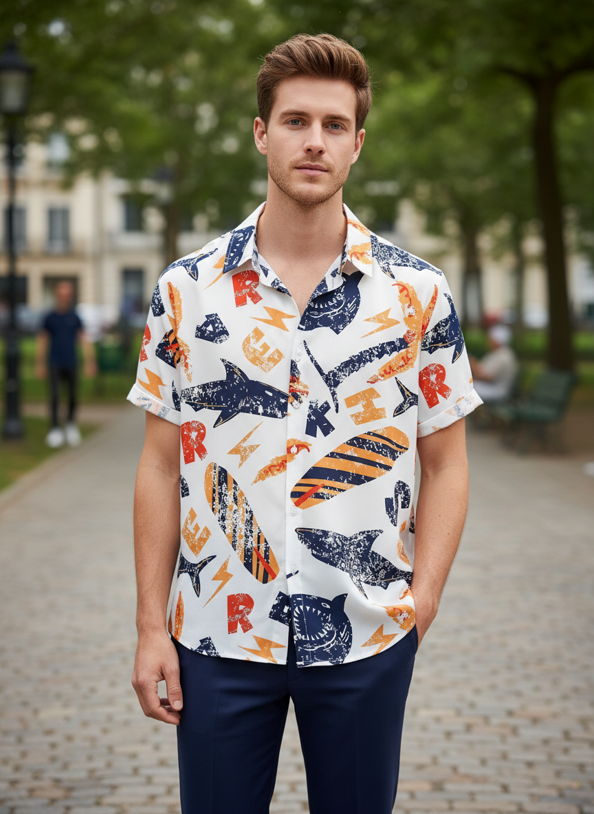 Colorful Short Sleeve Button-Up Shirt with Fun Beach Print – Sharks, Surfboards & Bold Letter Graphic Casual Shirt for Men