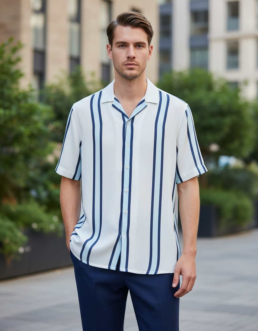 Men’s Sage Green Korean Style Short Sleeve Button-Down Shirt with Abstract Block & Cursive Script Graphic