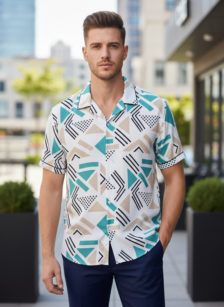 Hot Sale Summer Men’s Beach Shirt – Fashion Geometric Pattern Printed Casual Hawaiian Short Sleeve Shirt