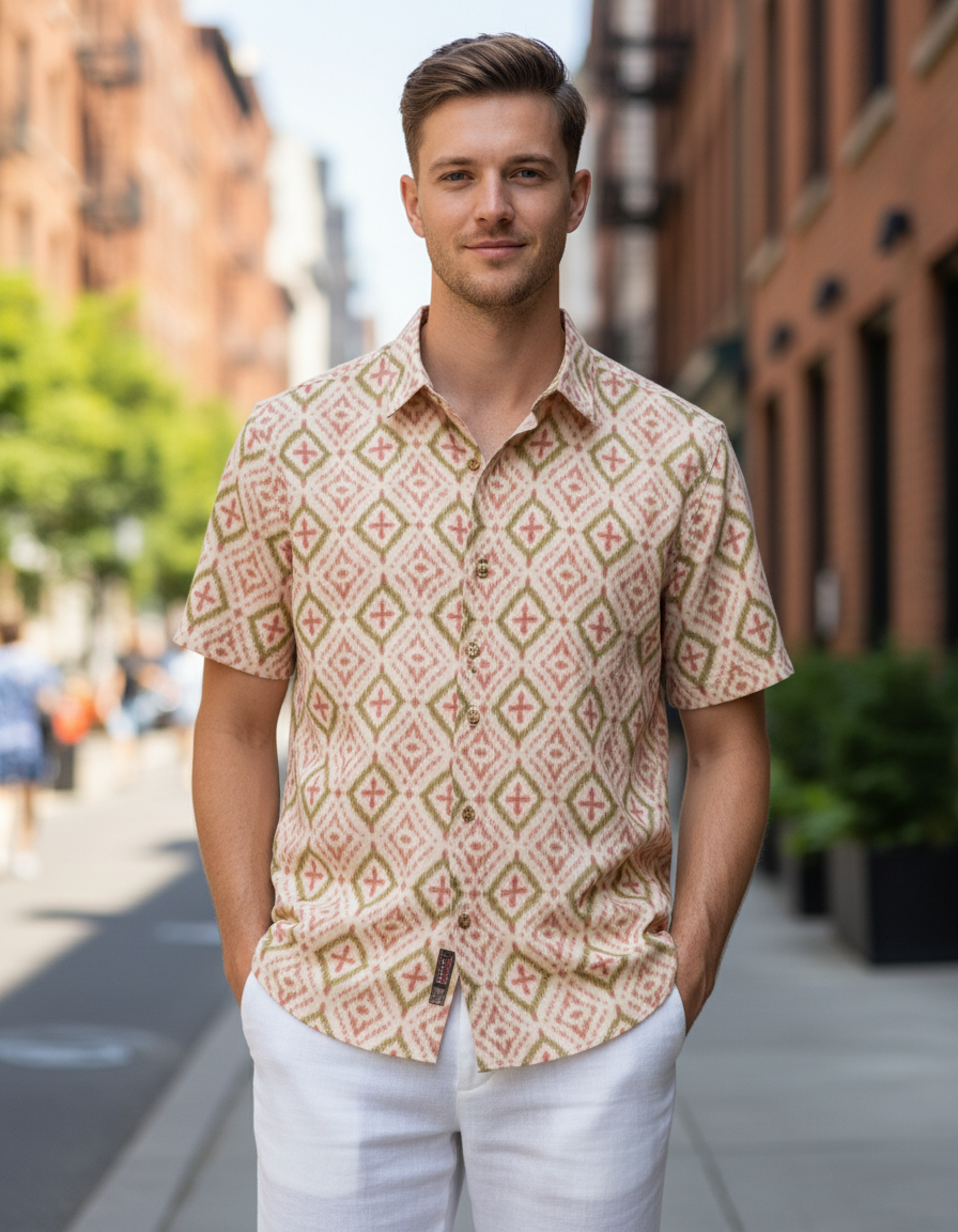Men’s Korean Style Peach & Sage Green Abstract Diamond Ikat Print Short Sleeve Button-Down Shirt – Modern Casual Graphic Shirt