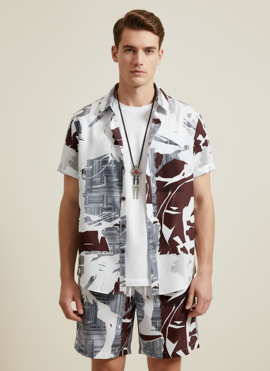 Men’s 2-Piece Graphic Print Summer Outfit – Casual Short Sleeve Button Down Shirt & Matching Shorts Tropical Vacation Set