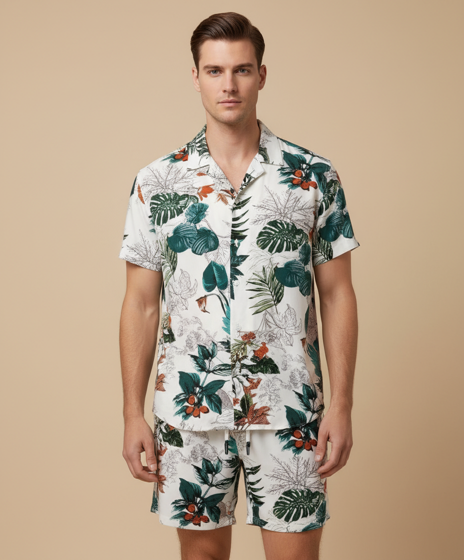 Men’s Lush Jungle Botanical Leaf Print Co-Ord Set – All-Over Tropical Pattern 2-Piece Summer Outfit