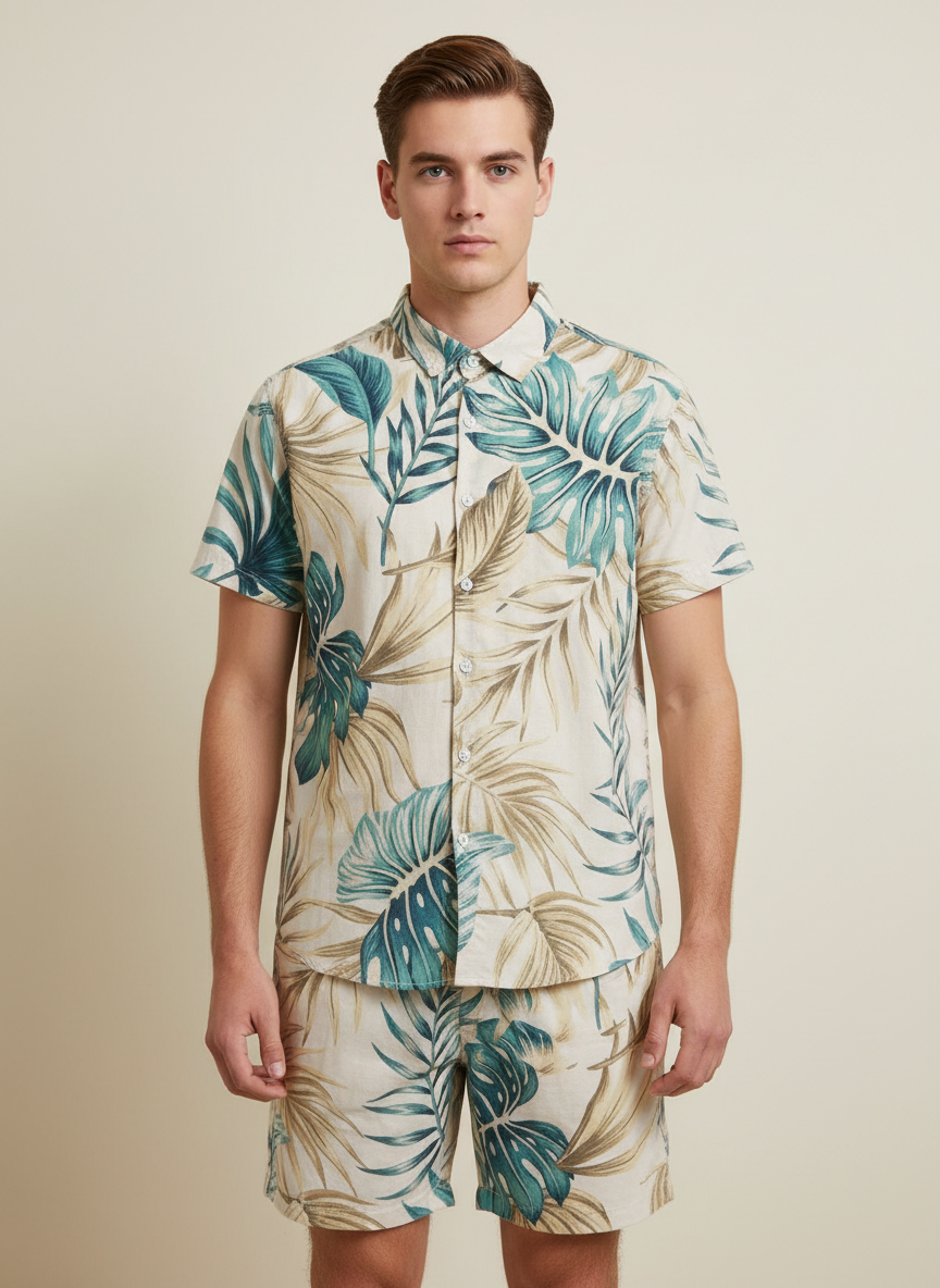 Men’s Tropical Monstera Leaf Print Button-Down Shirt & Shorts Set – 2-Piece Summer Vacation Beach Outfit