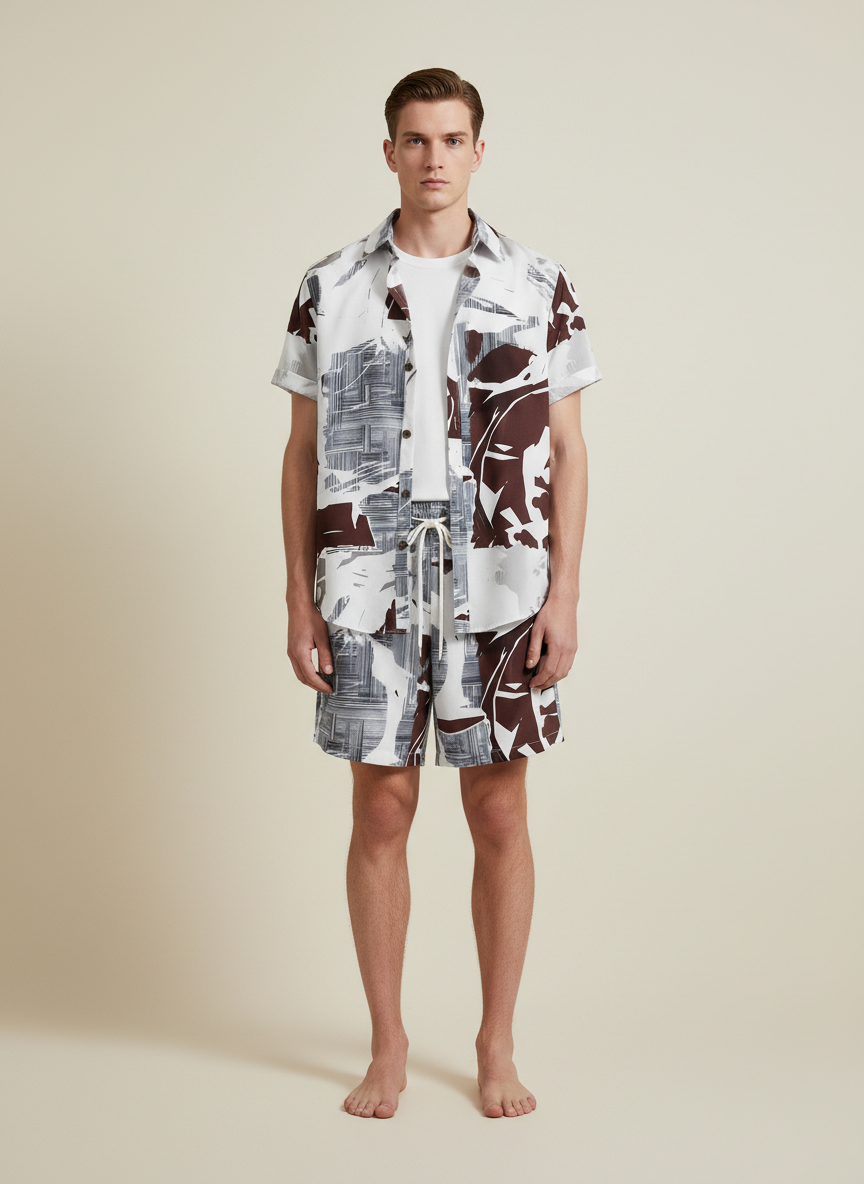 Men’s 2-Piece Graphic Print Summer Outfit – Casual Short Sleeve Button Down Shirt & Matching Shorts Tropical Vacation Set