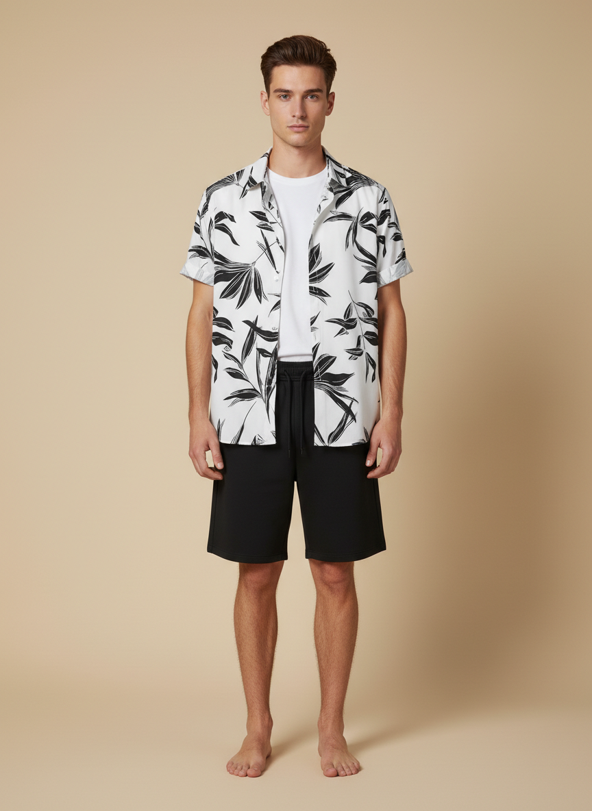 Men’s Botanical Ink-Leaf Monochrome Shirt & Shorts Set – 2-Piece Summer Co-Ord Vacation Outfit
