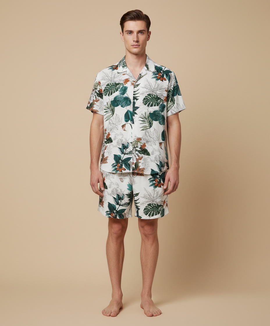 Men’s Lush Jungle Botanical Leaf Print Co-Ord Set – All-Over Tropical Pattern 2-Piece Summer Outfit