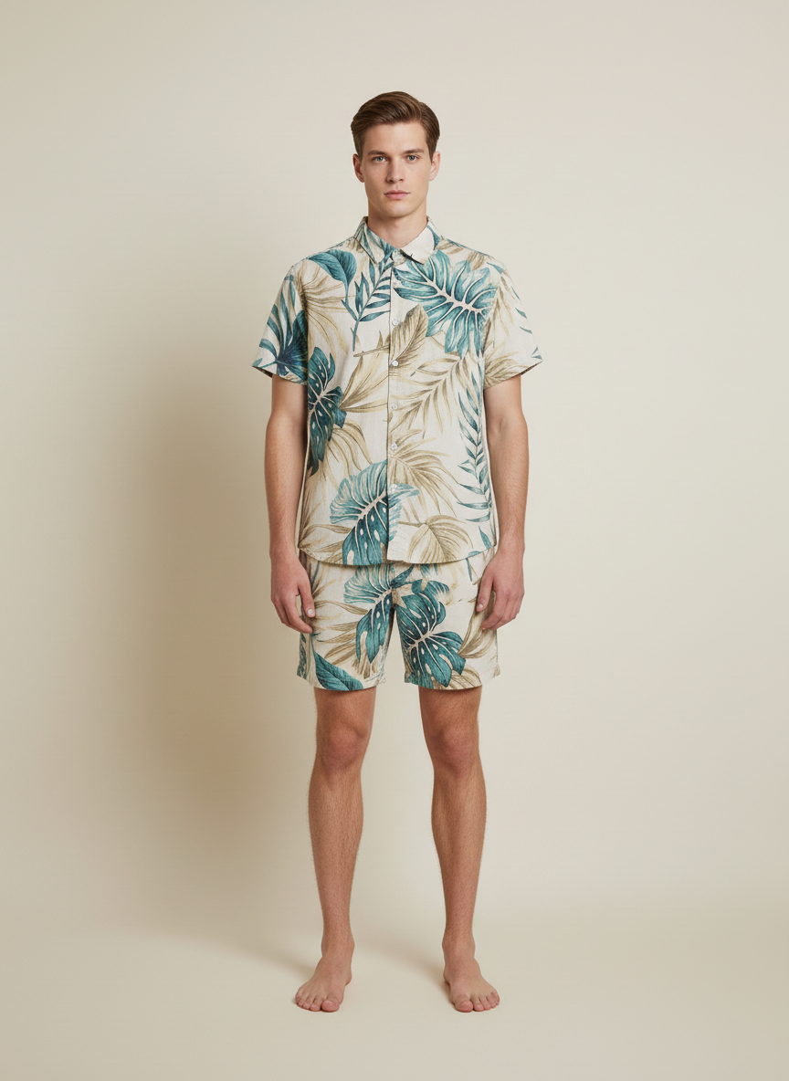 Men’s Tropical Monstera Leaf Print Button-Down Shirt & Shorts Set – 2-Piece Summer Vacation Beach Outfit