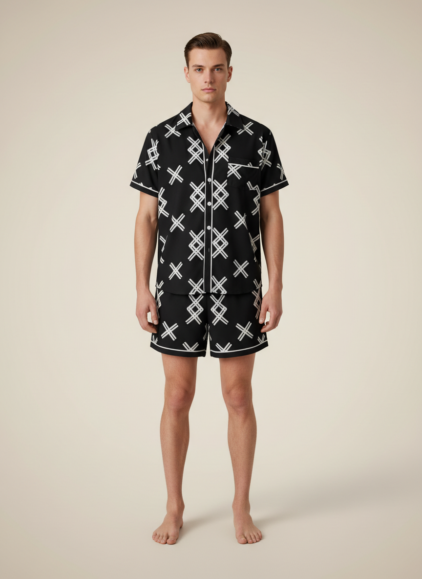 Men’s Geometric Cross-Hatch Pattern Black Resort Wear Set – 2-Piece Summer Shirt & Shorts Co-Ord Outfit