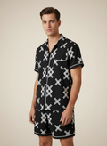 Men’s Geometric Cross-Hatch Pattern Black Resort Wear Set – 2-Piece Summer Shirt & Shorts Co-Ord Outfit