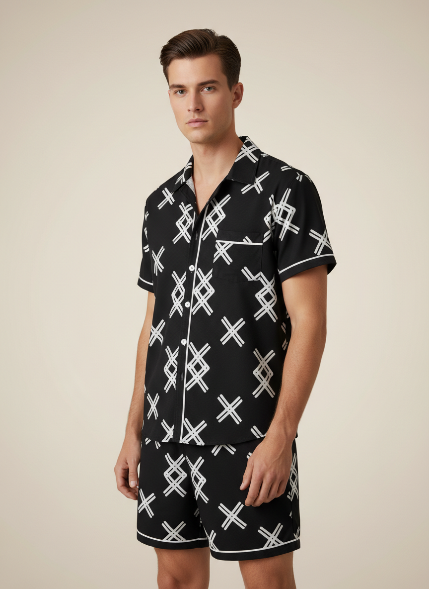 Men’s Geometric Cross-Hatch Pattern Black Resort Wear Set – 2-Piece Summer Shirt & Shorts Co-Ord Outfit