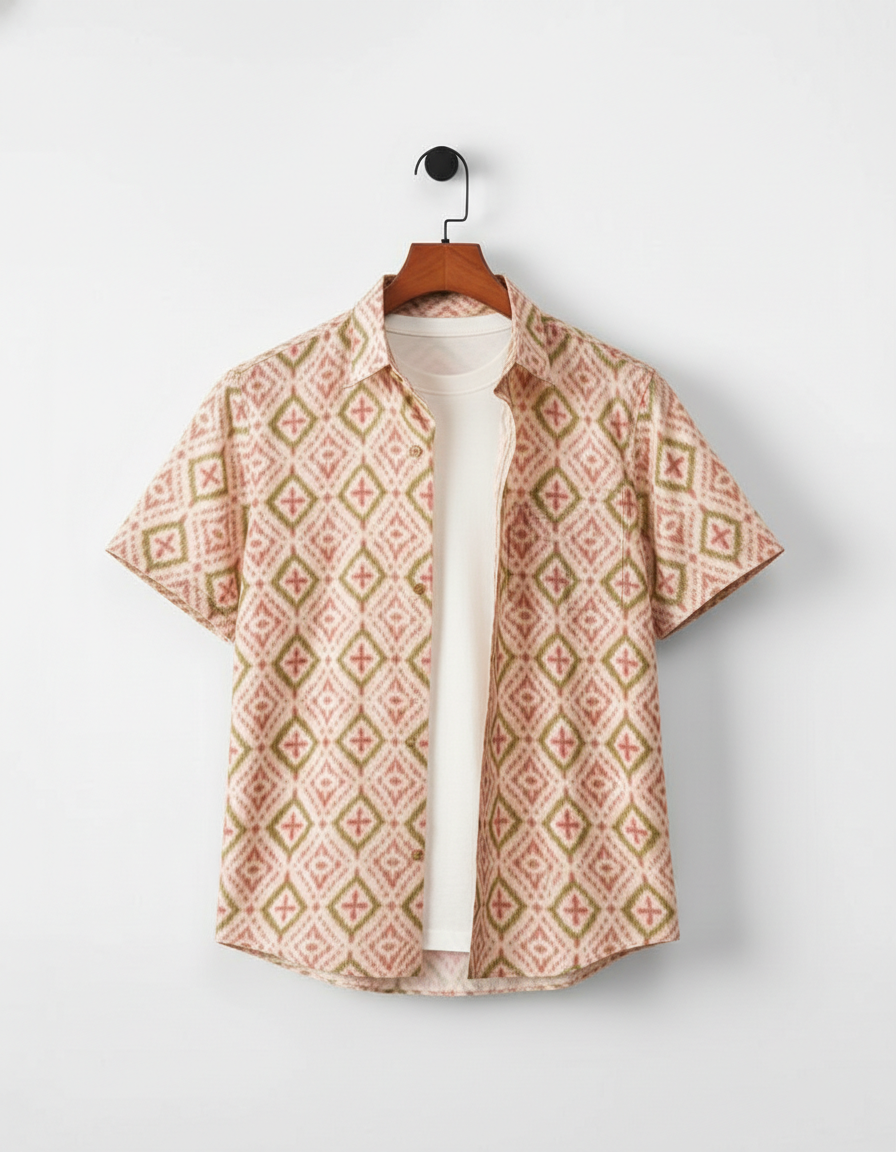 Men’s Korean Style Peach & Sage Green Abstract Diamond Ikat Print Short Sleeve Button-Down Shirt – Modern Casual Graphic Shirt