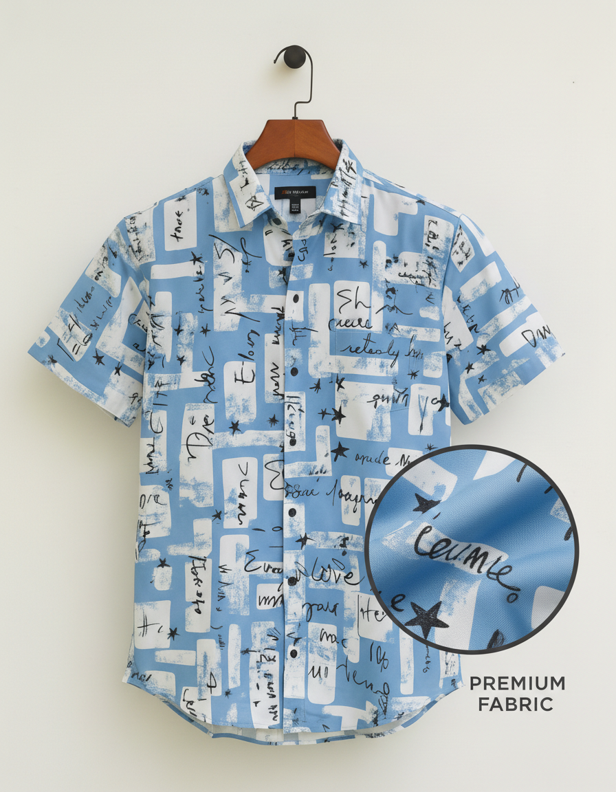 Men's White & Blue Printed Half Sleeve Shirt – Stylish Casual Summer Wear for Men