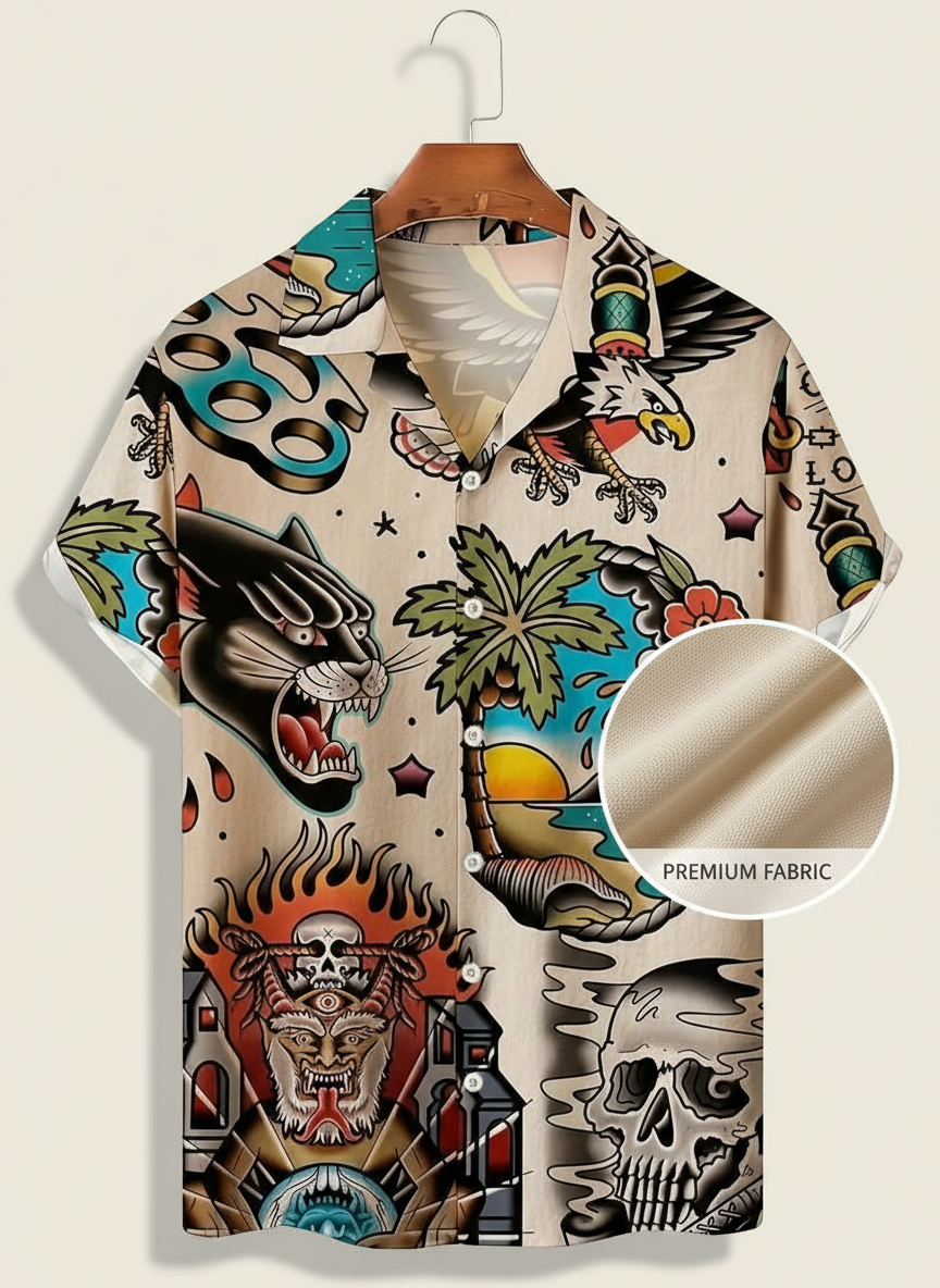 Tattoo Skull Eagle Vintage Hawaiian Shirt – Retro Graphic Printed Casual Beach Shirt for Men