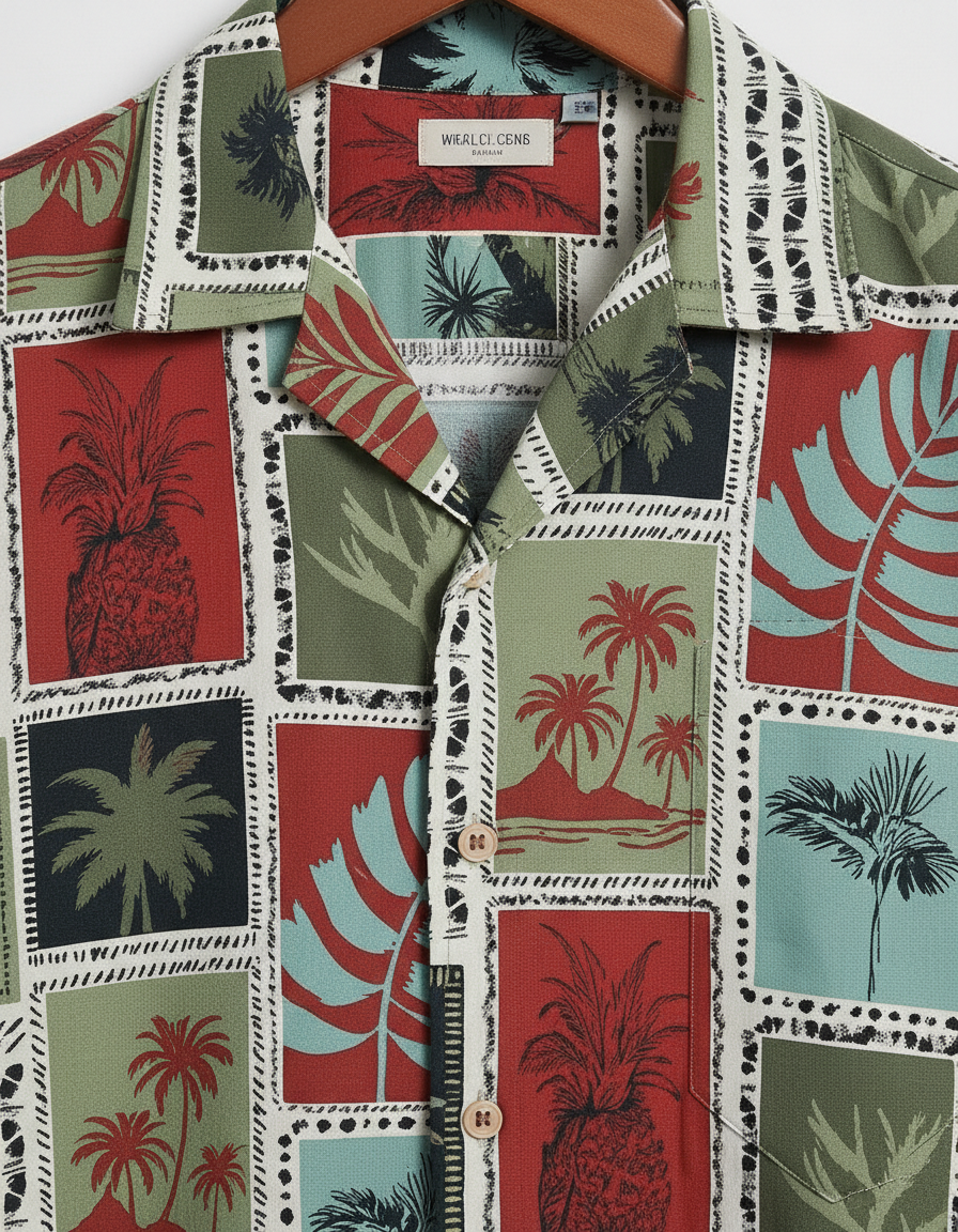 Men’s Premium Tropical Patchwork Short Sleeve Shirt with Pineapple & Palm Leaf Motif – Stylish Printed Casual Shirt
