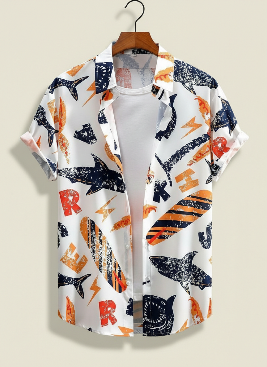 Colorful Short Sleeve Button-Up Shirt with Fun Beach Print – Sharks, Surfboards & Bold Letter Graphic Casual Shirt for Men