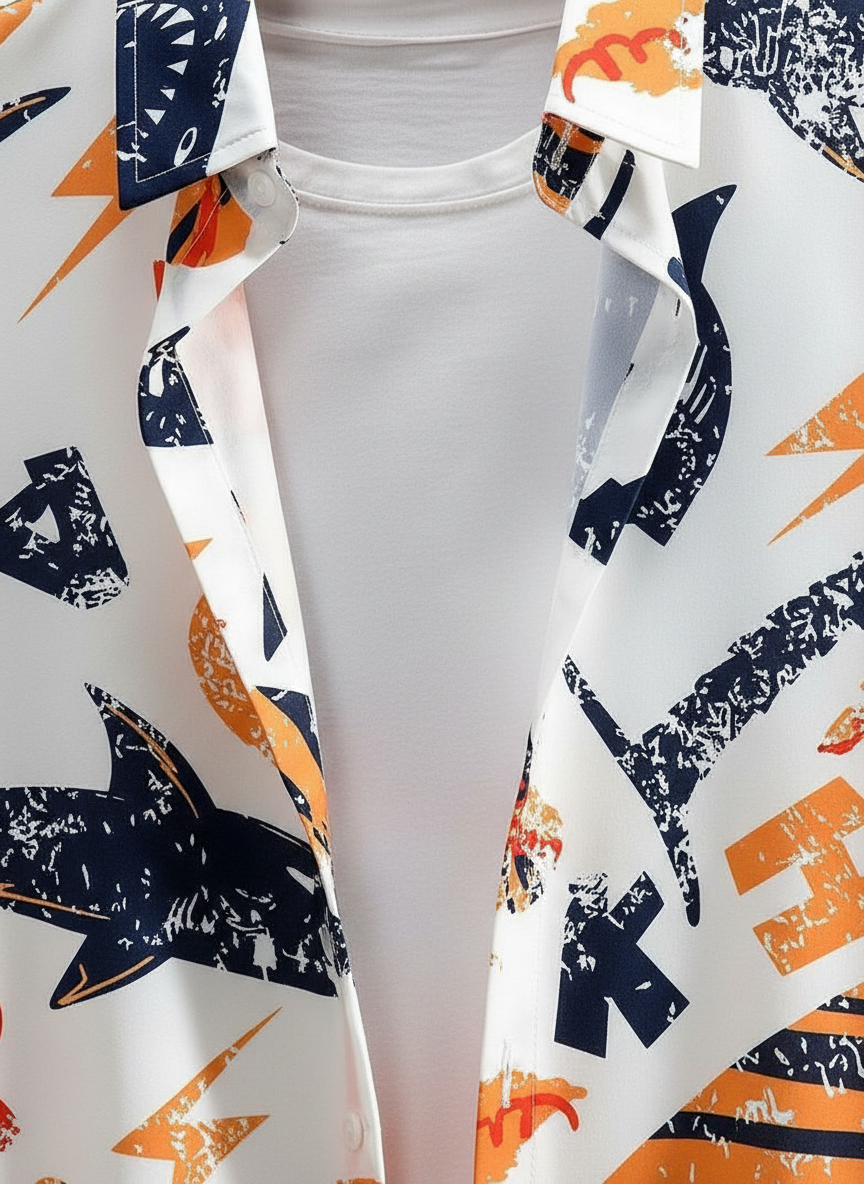 Colorful Short Sleeve Button-Up Shirt with Fun Beach Print – Sharks, Surfboards & Bold Letter Graphic Casual Shirt for Men