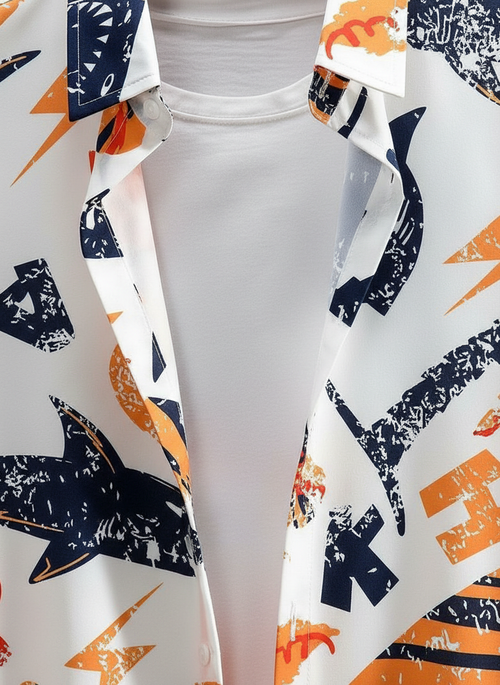 Colorful Short Sleeve Button-Up Shirt with Fun Beach Print – Sharks, Surfboards & Bold Letter Graphic Casual Shirt for Men