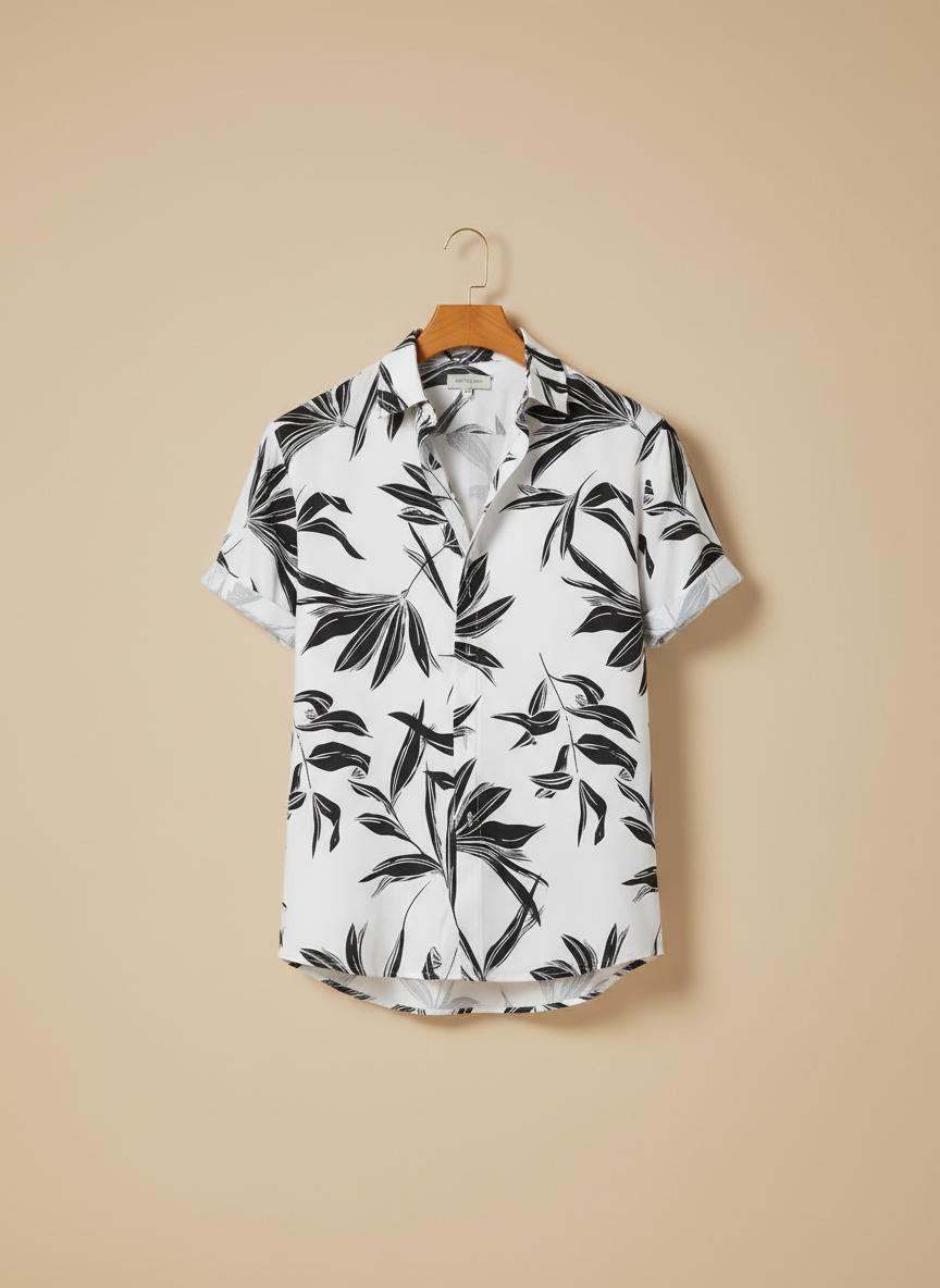 Men’s Botanical Ink-Leaf Monochrome Shirt & Shorts Set – 2-Piece Summer Co-Ord Vacation Outfit