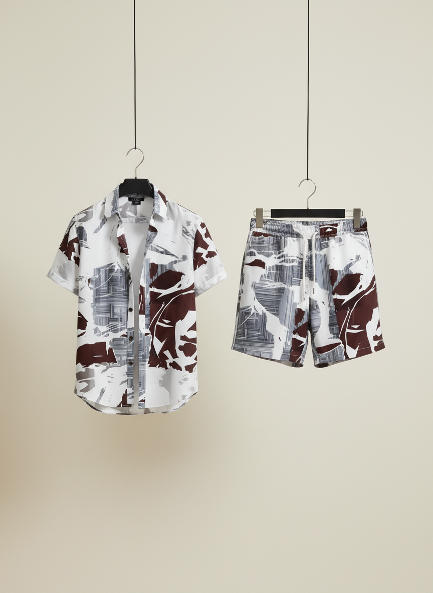 Men’s 2-Piece Graphic Print Summer Outfit – Casual Short Sleeve Button Down Shirt & Matching Shorts Tropical Vacation Set