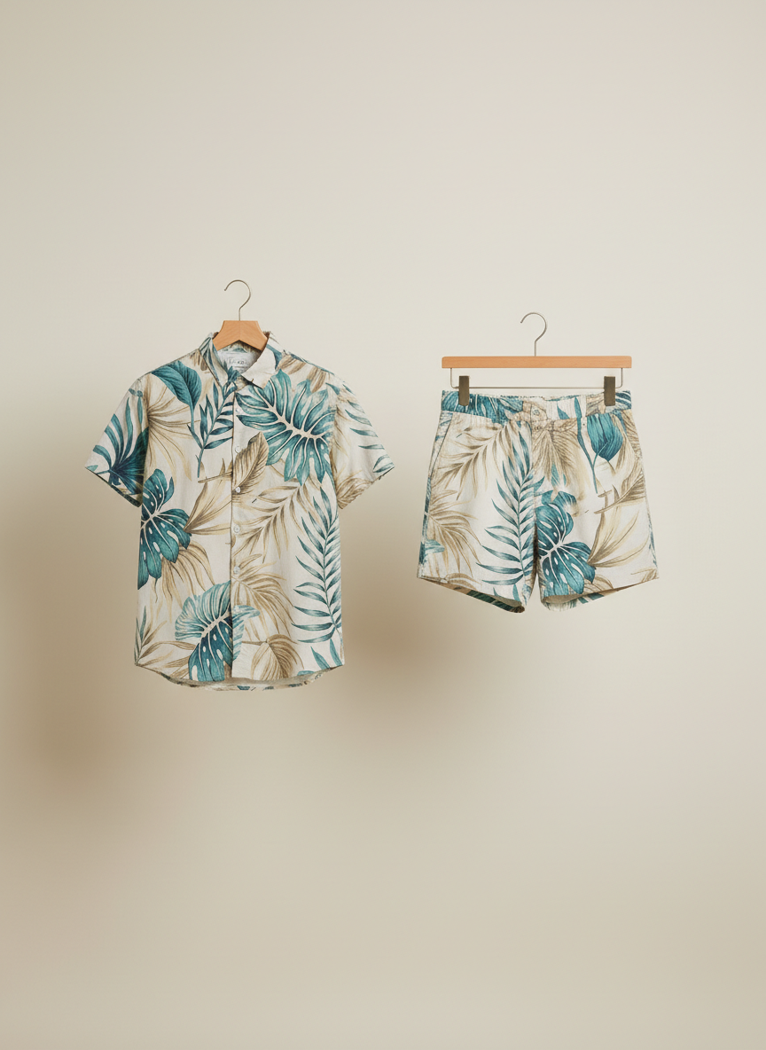 Men’s Tropical Monstera Leaf Print Button-Down Shirt & Shorts Set – 2-Piece Summer Vacation Beach Outfit